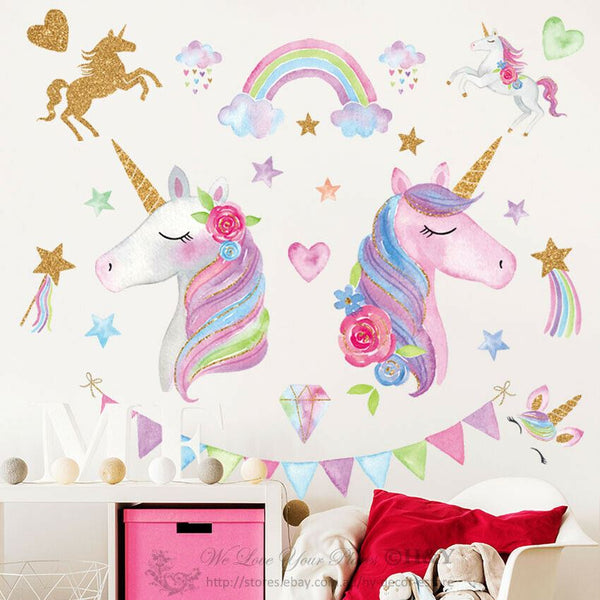 Unicorn Rainbow Wall Decals for Little Girls Bedroom (100 Pieces w/ CUSTOM  Name Stickers)