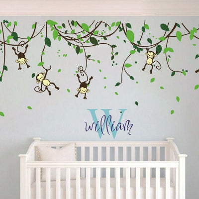 Custom Personalised Name Monkey Vine Wall Art Stickers Kids Nursery Vinyl Decals,hywallart