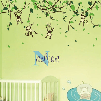Custom Personalised Name Monkey Vine Wall Art Stickers Kids Nursery Vinyl Decals,hywallart