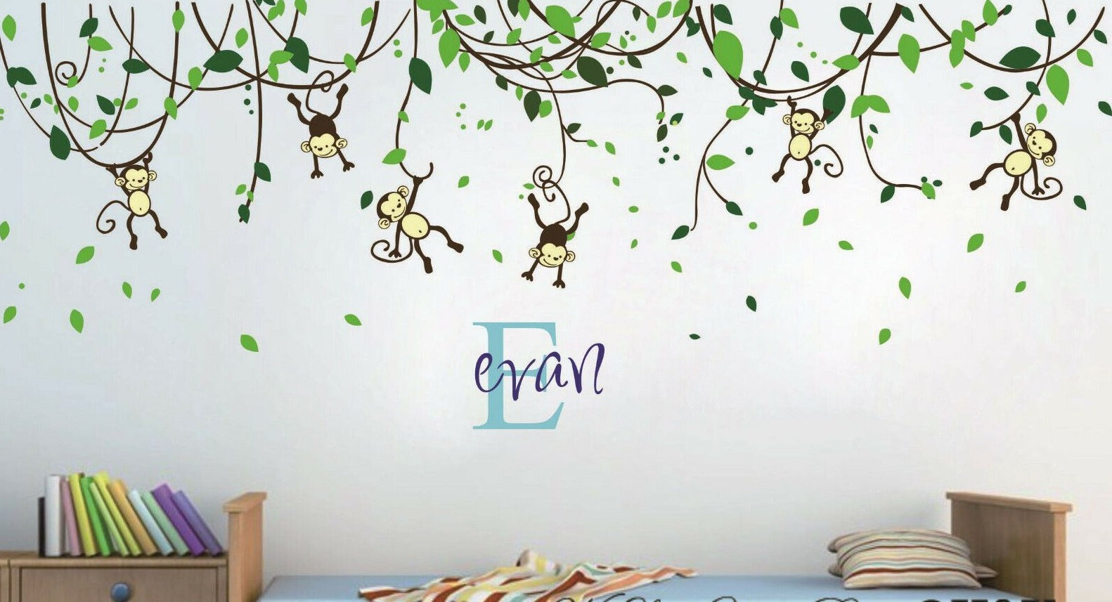 Custom Personalised Name Monkey Vine Wall Art Stickers Kids Nursery Vi