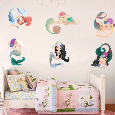 6 Pcs Mermaid Girls Wall Stickers,hywallart