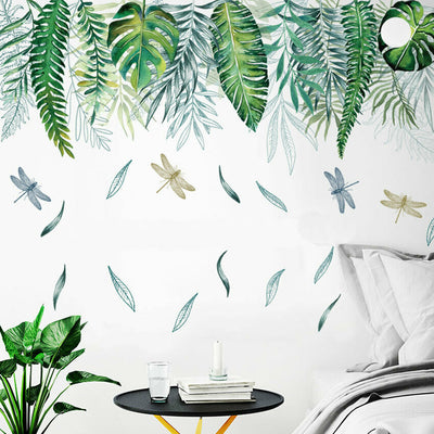 Tropical Leaves Dragonflies Wall Decal,hywallart