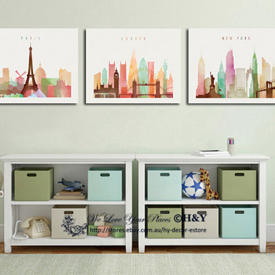 Set Of 3 City View Stretched Canvas Prints Framed Wall Art Office Decor Painting,hywallart