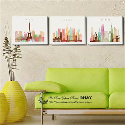 Set Of 3 City View Stretched Canvas Prints Framed Wall Art Office Decor Painting,hywallart