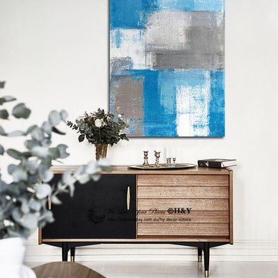 Blue Gray Grid Abstract Stretched Canvas Prints,hywallart