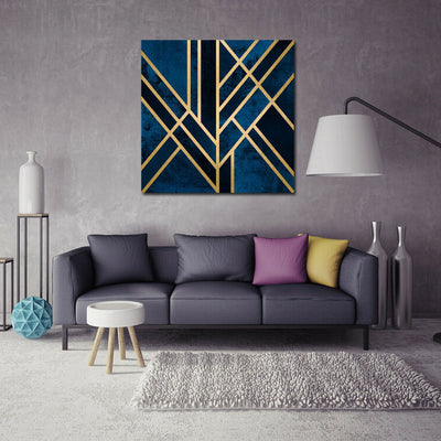 Geometric Blue Gold Stretched Canvas Print Framed Wall Art Home Office Decor DIY,hywallart