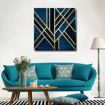 Geometric Blue Gold Stretched Canvas Print Framed Wall Art Home Office Decor DIY,hywallart