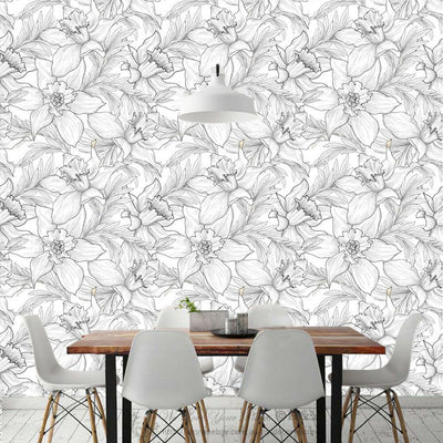 Hand Drawn Flower Wall Paper Sticker Removable Mural Covering Art Wallpaper B24,hywallart
