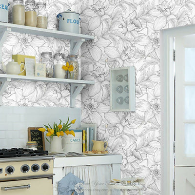 Hand Drawn Flower Wall Paper Sticker Removable Mural Covering Art Wallpaper B24,hywallart