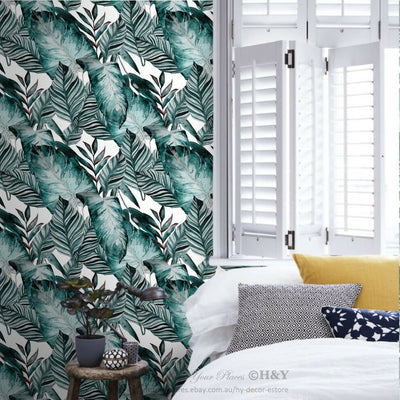 Tropical Leaves Wall Paper Sticker Removable Mural Covering Decor Wallpaper B26,hywallart