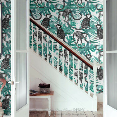 Monkey Tropical Leaves Wall Paper Print Removable Mural Kids Wallpaper Decor G26,hywallart