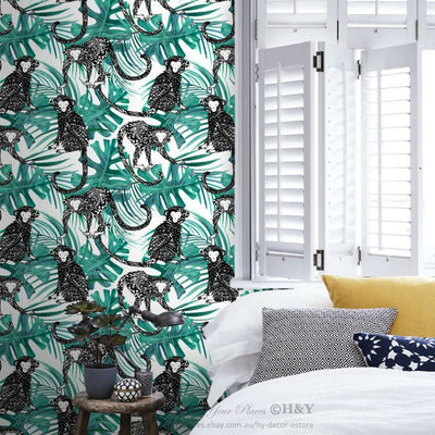 Monkey Tropical Leaves Wall Paper Print Removable Mural Kids Wallpaper Decor G26,hywallart