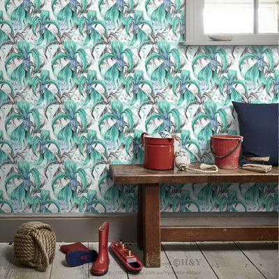 Blue Tropical Leaves Wall Paper Print Removable Mural Kids Wallpaper Decor B30,hywallart