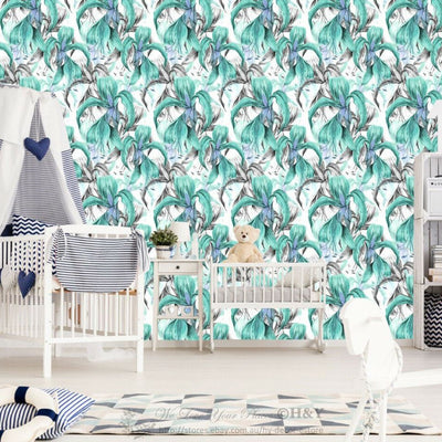 Blue Tropical Leaves Wall Paper Print Removable Mural Kids Wallpaper Decor B30,hywallart