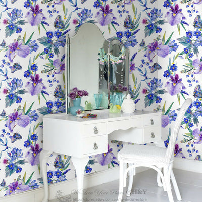 Purple Flowers Wall Paper Print Removable Mural Kids Wallpaper Sticker Decor B31,hywallart