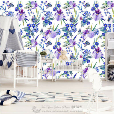 Purple Flowers Wall Paper Print Removable Mural Kids Wallpaper Sticker Decor B31,hywallart
