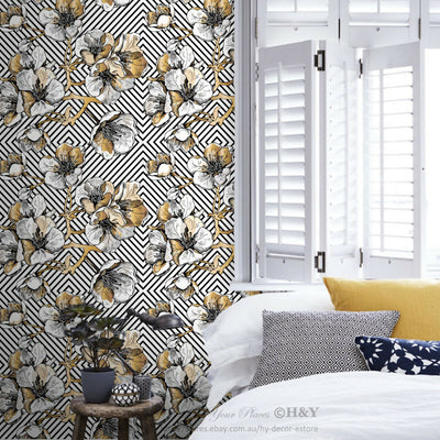 Golden Rose Flower Wall Paper Print Removable Mural Art Wallpaper Decor Deco B38,hywallart