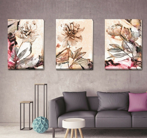 Set Of 3 Flowers Blossom Stretched Canvas Print F86