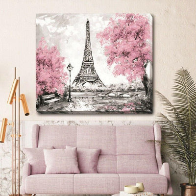 Eiffel Tower Pink Tree Stretched Canvas Print L87,hywallart