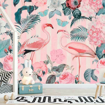 Flamingo Tropical Flower Vintage Wall Mural  AM29,hywallart