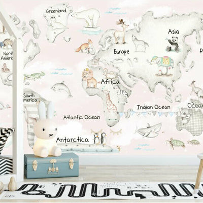Girls Animal World Map Wall Mural M04,hywallart