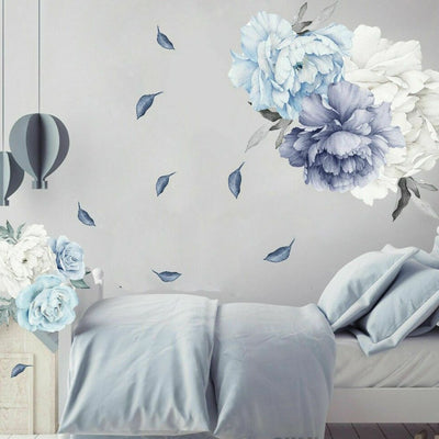 Blue Peony Rose Flowers Wall Art Sticker Decals - hywallart