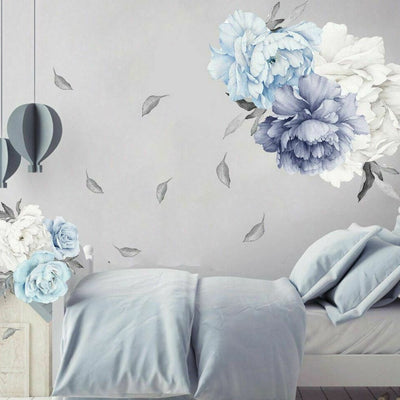 Blue Peony Rose Flowers Wall Art Sticker Decals - hywallart
