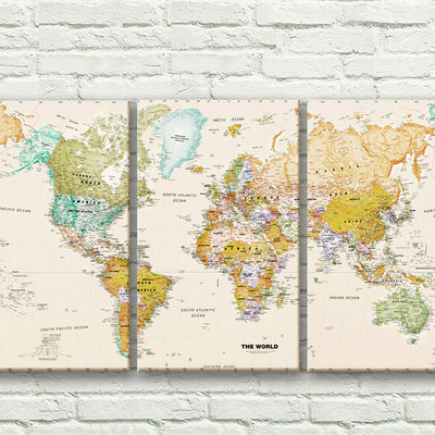 Set Of 3 World Map Stretched Canvas Prints Framed Wall Art Home Office Decor DIY - hywallart