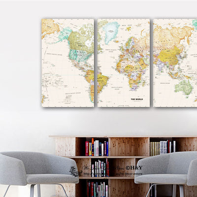 Set Of 3 World Map Stretched Canvas Prints Framed Wall Art Home Office Decor DIY - hywallart
