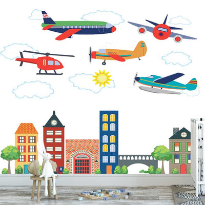 Airplane With City Building Wall Decal