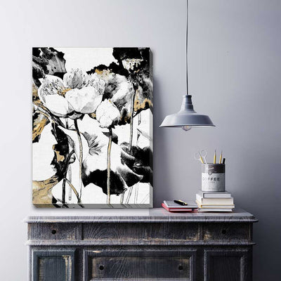 Black White Gold Lotus Canvas Print F139