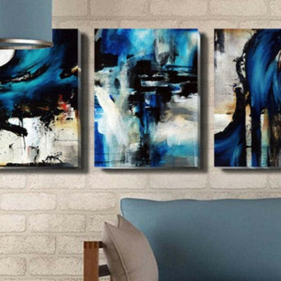 Set Of 3 Abstract Blue Stretched Canvas Prints,hywallart