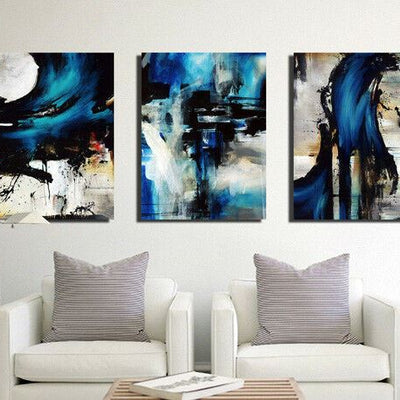 Set Of 3 Abstract Blue Stretched Canvas Prints,hywallart