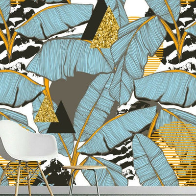 Blue Gold Leaves Removable Wall Mural,hywallart