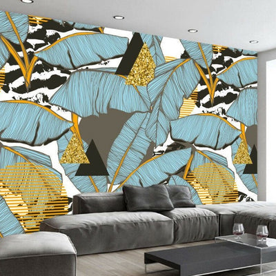 Blue Gold Leaves Removable Wall Mural,hywallart