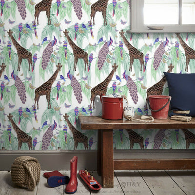 Giraffe Peafowl Wall Paper Print Removable Mural Kids Art Wallpaper Decor B37,hywallart