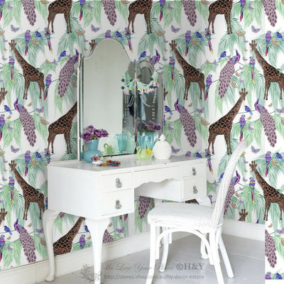 Giraffe Peafowl Wall Paper Print Removable Mural Kids Art Wallpaper Decor B37,hywallart