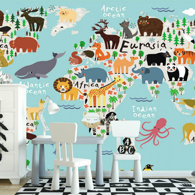 Kids Animal World Map Wall Mural M02,hywallart