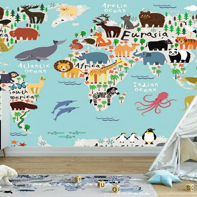 Kids Animal World Map Wall Mural M02,hywallart