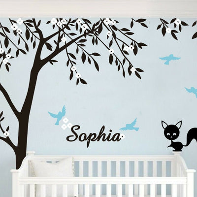 Personalised Custom Name Owl Fox Flowers Birds Wall Stickers Kids Nursery Decal,hywallart