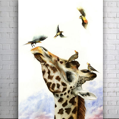 Giraffe Birds Stretched Canvas Print,hywallart