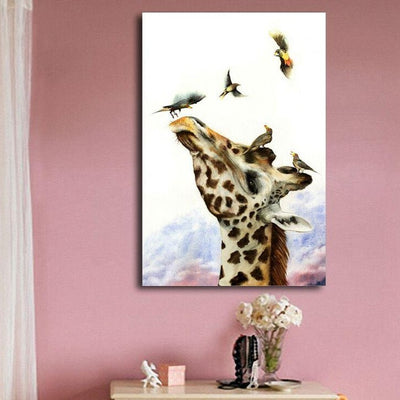 Giraffe Birds Stretched Canvas Print,hywallart