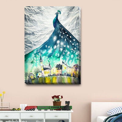 Peacock Peafowl City Stretched Canvas Print,hywallart