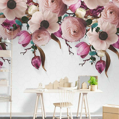 Pink Flower Blossom Removable Wall Mural,hywallart