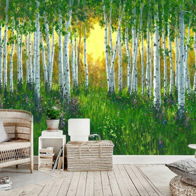 Green Forest Sunrise Removable Wall Mural,hywallart
