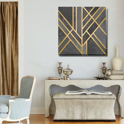 Grey Black Gold Grid Stretched Canvas Print,hywallart
