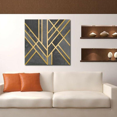 Grey Black Gold Grid Stretched Canvas Print,hywallart