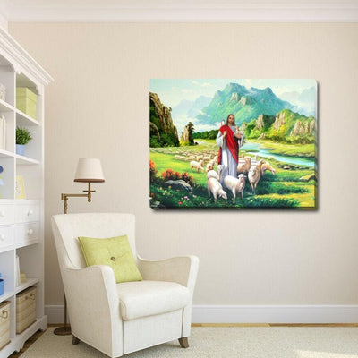 Jesus Shepherd Christian Stretched Canvas Print,hywallart