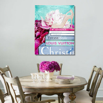 Fashion Book Shoes Flower Stretched Canvas Print,hywallart