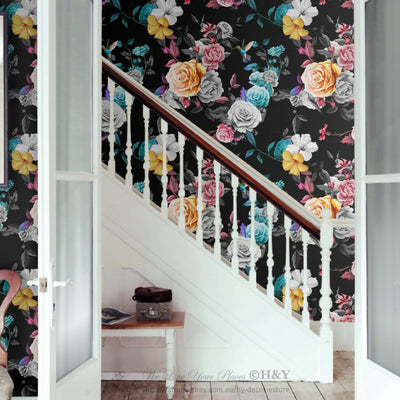 Birds Flower Black Wall Paper Print Removable Mural Covering Wallpaper Decor B13,hywallart